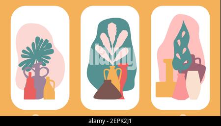 Abstrakte Boho Poster mit Vasen und tropischen Pflanzen Vektor-Illustration Stock Vektor