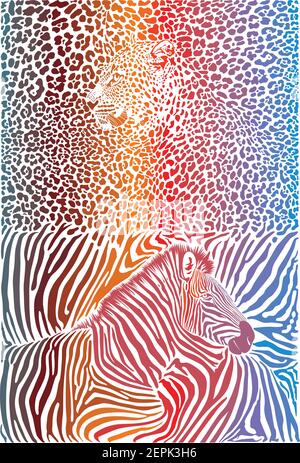 Leopard und Zebra mit farbigem Hintergrund Stock Vektor