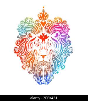 Der Löwe ist von den Blots mehrfarbig. Logo mit Löwenkopf-Symbol. Gemischte Medien. Vektorgrafik Stock Vektor