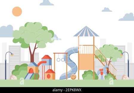 Kinder Spielplatz Vektor flache Illustration. Schaukeln, Ball, Spielzeug Pferd, Rutsche, Wippe im Sommer Stadtpark. Platz für Kinder Outdoor-Aktivitäten. Glückliche Kindheit, Park Vergnügungen Konzept. Stock Vektor