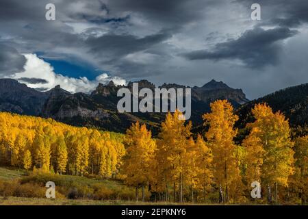 Approaching Storm, Espen, Cimarron Ridge, Abgrund Peak, Uncompahgre National Forest, Colorado Stockfoto