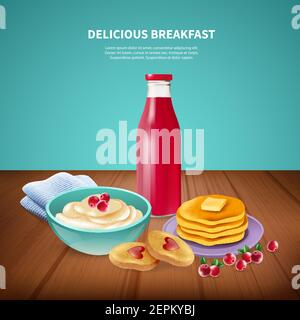 Leckere süße Pfannkuchen mit Butterbrei und Marmelade serviert Frühstück realistische Hintergrund Vektor-Illustration Stock Vektor