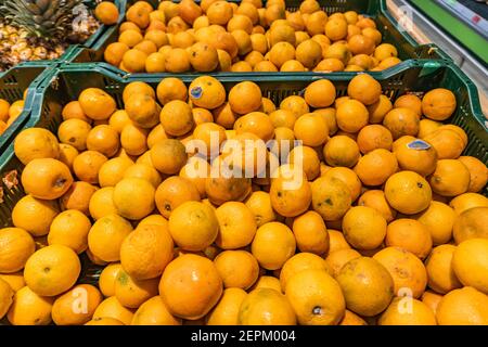 Großhandel Depot von exotischen Früchten. Lokale Produkte auf dem Bauernmarkt. Frische Mandarinen Orangen oder Mandarinen Früchte mit Blättern in Kisten an der frischen Luft Stockfoto