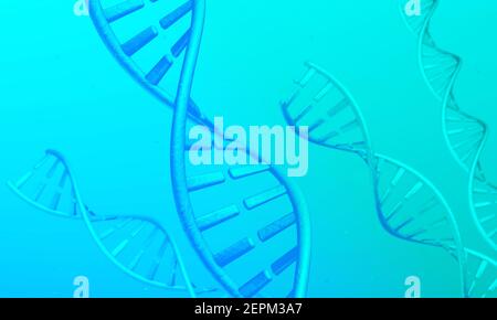 DNA-Spiralen auf einem grünen und blauen Hintergrund. 3D Rendern. Stockfoto