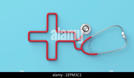 Stethoskop in Form eines Kreuzes auf blauem Hintergrund. 3D Rendern. Stockfoto
