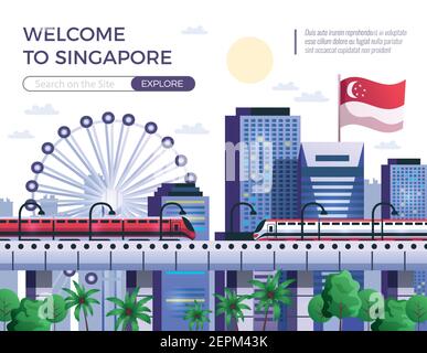 Willkommen in singapur flache Vektor-Illustration, die Attraktionen der modernisiert Land zu erkunden und zu reisen Stock Vektor