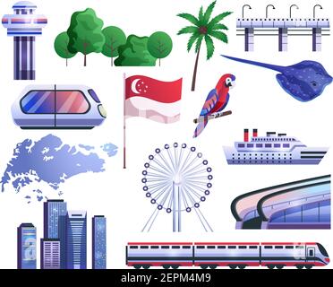 Singapur Cartoon Set Symbole der Karte Flagge Transport Gärten Fauna Abbildung des Riesenrad-Vektorgrafiks Stock Vektor