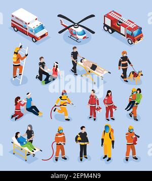 Rettungsteams isometrische Set mit Menschen in professioneller Uniform engagiert In der medizinischen Gesundheitsversorgung und Brandkontrolle Vektor-Illustration Stock Vektor