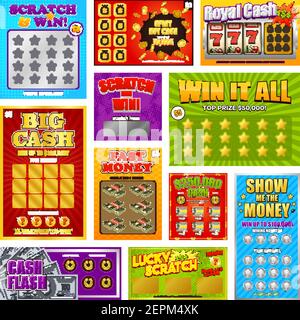 Satz von Spiel Kratzer gewinnen Karten und Tickets mit für instant Lotterie isoliert Vektor-Illustration Stock Vektor