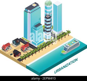 Urbanisierung isometrische Zusammensetzung mit modernen Landschaften in der Nähe des alten Viertels gebaut Mit verlassenen baufälligen ländlichen Häusern Vektor-Illustration Stock Vektor