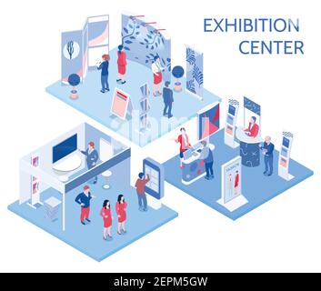 Ausstellungszentrum isometrische Kompositionen mit Menschen, die an expo-Ständen In Galerie Halle und Kommunikation mit Personal Vektor Illustration Stock Vektor