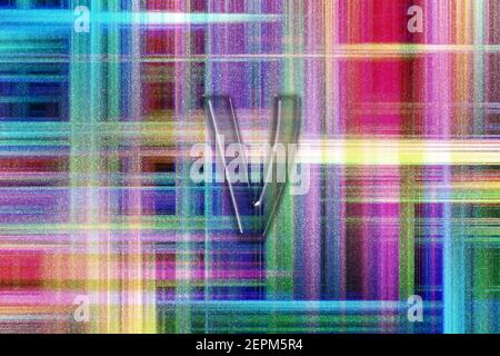 Nu-Zeichen. Nu-Buchstabe, griechisches Alphabet-Symbol, bunt karierter Hintergrund Stockfoto