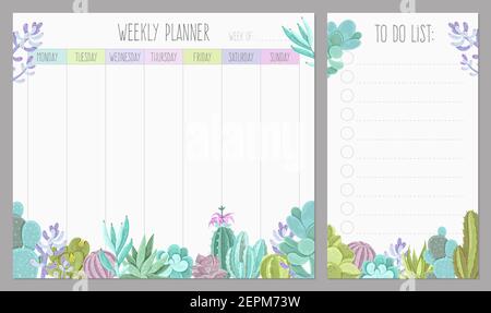 Wochenplaner Seite realistische Vorlage Design mit To Do Liste Und Sukkulenten Pflanzen unteren Rand Vektor-Illustration Stock Vektor