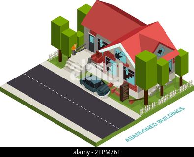 Verlassene Gebäude isometrisches Designkonzept, das private Grundstücke darstellt Mit trostlosen Hütte mit gebrochenen Fenstern Vektor-Illustration Stock Vektor