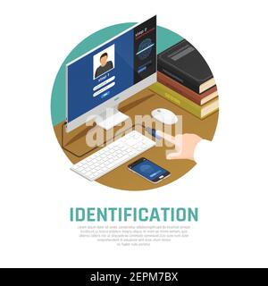 Zugriff auf die Identifikation isometrischer Komposition mit bearbeitbarem Text und Ansicht von Arbeitsplatz mit Computer und Fingerprint-Sensor Vektorgrafik Stock Vektor