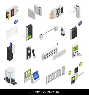 Access Identification isometrische Symbole Sammlung isolierter Schutzsystemelemente Bilder und Benutzererkennung elektronische Geräte Vektor illust Stock Vektor