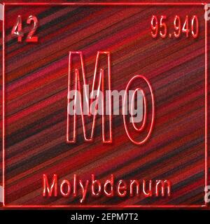 Molybdän chemisches Element, Zeichen mit Ordnungszahl und Ordnungsgewicht, Periodensystem Stockfoto