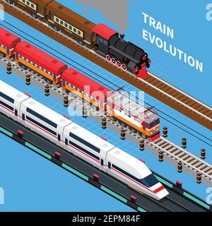 Trainieren Sie die Evolution vom Retro- zum Schienenfahrzeug der Zukunft Isometrische Komposition auf blauer Vektorgrafik Stock Vektor