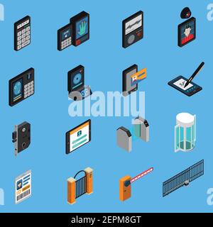 Zutrittsidentifizierung isometrische Symbole, id-Karte, biometrische Authentifizierung, elektronische Signatur, Kombinationsschloss, Blauer Hintergrund isoliert Vektor-illuu Stock Vektor