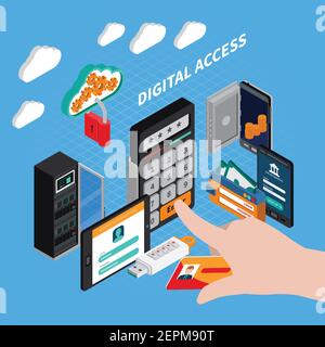 Digitaler Zugang isometrische Zusammensetzung mit Kombinationsschloss, id-Karte, Autorisierung und Authentifizierung auf blauem Hintergrund Vektor-Illustration Stock Vektor