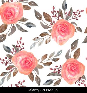Aquarell nahtloses Muster aus rosa erröten Rosen Blumen und grau braun neutral verblasste Blätter. Blumensträuße, Blütenblätter blühen. Elegante Gartenblüten für die Texti Stockfoto
