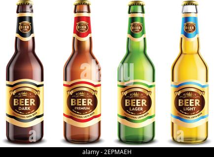 Set aus realistischen Glas Bierflaschen mit Aufklebern und Aluminium Auf weißem Hintergrund isolierte Vektorgrafik Stock Vektor