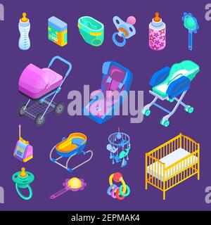 Neugeborenes Baby Zubehör isometrisches Set mit Rocker Krippe Flasche Dummy Kinderwagen Kinderwagen Autositz isoliert Vektor-Illustration Stock Vektor