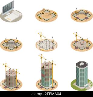 Wolkenkratzer Bau Prozess Fortschritt 9 isometrische Icons Sammlung aus Projekt Zeichnung zum endgültigen Gebäude isolierte Vektordarstellung Stock Vektor