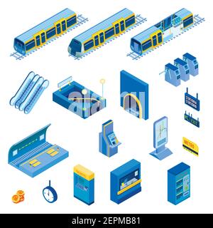 Isometrischer Satz von verschiedenen U-Bahn-Station Elemente mit Rolltreppe Tunnel Zug Drehkreuz isoliert auf weißem Hintergrund 3D Vektor-Illustration Stock Vektor