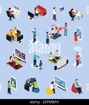 Satz von isometrischen Gamer mit Controllern in der Nähe von Monitoren und mit mobilen Geräten, isolierte Vektordarstellung Stock Vektor