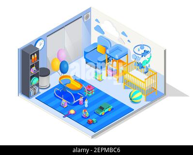 Neugeborenes Baby Zimmer isometrische Zusammensetzung mit Kinderzimmer Möbel Krippe Türsteher Wechseltisch spielen Matte Spielzeug Vektor Illustration Stock Vektor
