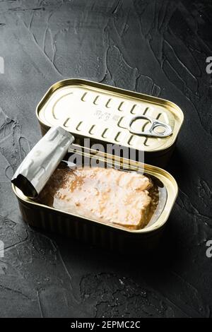 Dosen Wild Alaska Lachs Set, in Blechdose, auf schwarzem Hintergrund Stockfoto
