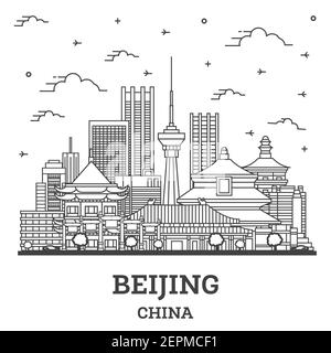 Überblick Beijing China Skyline der Stadt mit modernen Gebäuden isoliert auf Weiss. Vector Illustration. Peking Stadtbild mit Sehenswürdigkeiten. Stock Vektor