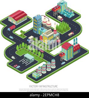 Fabrik Infrastruktur isometrische Zusammensetzung mit industriellen Anlagen, Lager, Bürogebäude, Parkplatz, Transport Vektor Illustration Stock Vektor