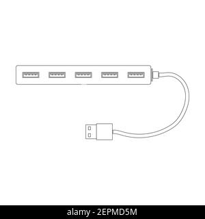 Rechteckiger USB-Hub in Konturausführung mit einreihigen USB-Anschlüssen und Kabel. Ein Splitter für einen Computer oder Laptop. Flache Vektorgrafik Stock Vektor