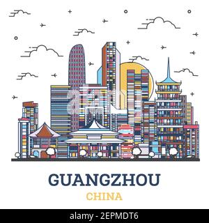 Skizzieren Guangzhou China City Skyline mit farbigen modernen Gebäuden isoliert auf Weiß. Vektorgrafik. Stadtbild von Guangzhou mit Wahrzeichen. Stock Vektor