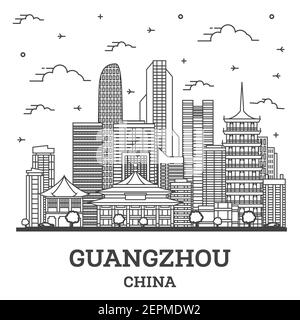 Umrisse Guangzhou China Skyline der Stadt mit modernen Gebäuden isoliert auf Weiss. Vector Illustration. Guangzhou Stadtbild mit Sehenswürdigkeiten. Stock Vektor