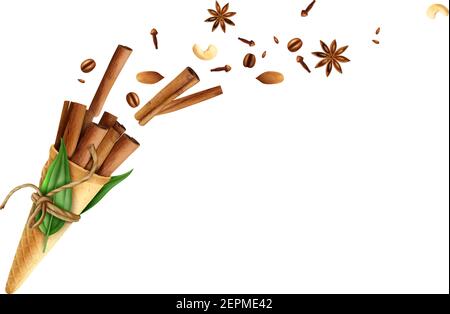 Cinnamon in waffle cone with rope, green leaves, flying spices including cloves, anise and nuts vector illustration Stock Vektor