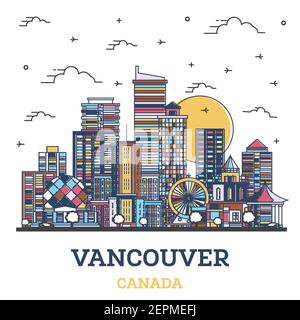 Umreißen Sie Vancouver Canada City Skyline mit farbigen modernen Gebäuden isoliert auf Weiß. Vektorgrafik. Vancouver Stadtbild mit Wahrzeichen. Stock Vektor