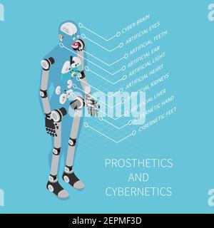 Zusammensetzung der Prothetik und Kybernetik mit Gesundheitssymbolen auf blauem Hintergrund Isometrische Vektordarstellung Stock Vektor
