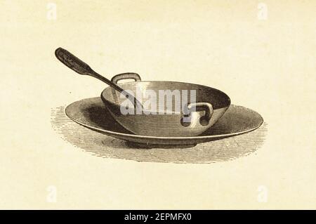 Antike Abbildung einer Suppenschüssel. Veröffentlicht in Le livre de cuisine, par Jules Goufe, Librarie Hachette et Cie (Paris, 1874). Stockfoto