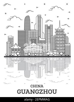 Umrisse Guangzhou China Skyline der Stadt mit modernen Gebäuden und Reflexionen isoliert auf Weiss. Vector Illustration. Guangzhou Stadtbild mit Sehenswürdigkeiten. Stock Vektor