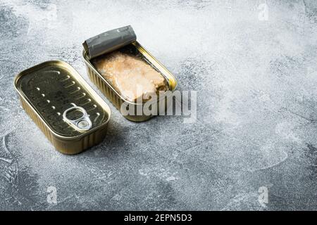 Dose Wild Pink Lachs Set, in Blechdose, auf grauem Hintergrund, mit Copyspace und Platz für Text Stockfoto