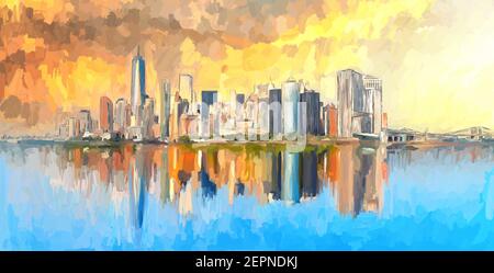 Ein abstraktes Ölgemälde New York City Skyline mit Reflexionseffekt Auf dem Wasser Stockfoto
