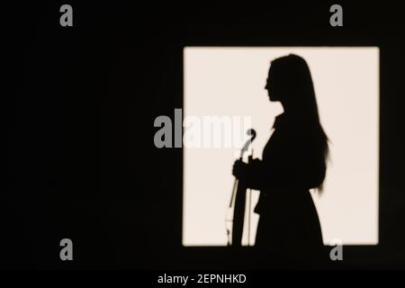 Seitenansicht Silhouette weibliche Geigerin stehen mit Musikinstrument und Rücksichtsvoll wegschauen Stockfoto