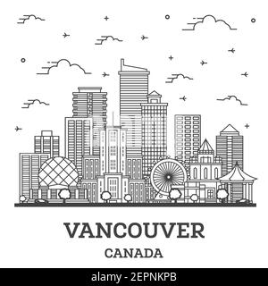 Umrisse Vancouver, Kanada, die Skyline der Stadt mit modernen Gebäuden isoliert auf Weiss. Vector Illustration. Vancouver Stadtbild mit Sehenswürdigkeiten. Stock Vektor