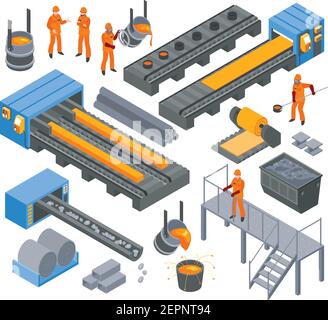 Stahl Eisen Aluminium metallurgische Industrie Produktion isometrische Elemente mit gesetzt Arbeiter Warmwalzen und Formen Vektor Illustration Stock Vektor