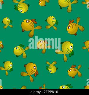 Nahtloses Muster mit niedlichen Fischen auf grünem Hintergrund. Vektor Cartoon Tiere bunte Illustration. Liebenswert Charakter für Karten, Tapete, Textil Stock Vektor
