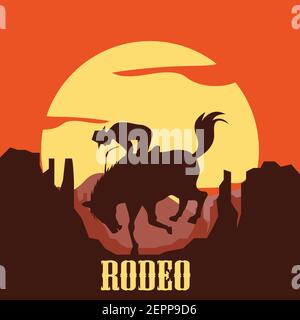 rodeo Poster mit Cowgirl Silhouette Reiten auf Wildpferd und Stier. vektor-Illustration Stock Vektor