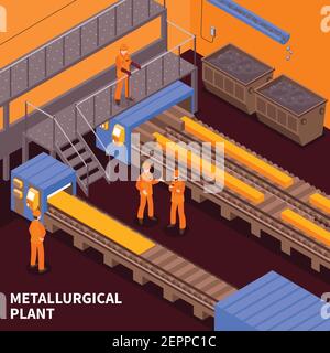 Stahl-und Eisen-metallurgische Industrie Heißwalzen Grobblech-Produktion Pflanze isometrische Zusammensetzung mit Arbeiter Vektor Illustration Stock Vektor